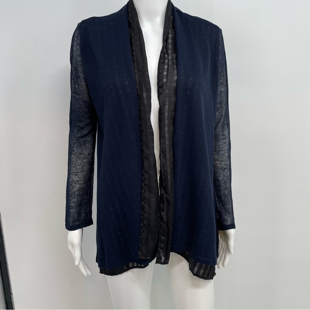 ATSURO TAYAMA Cardigan Size US 4 EUR 36 Open Front Linen Blend Blue/Black
